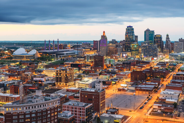 Kansas City, Missouri, USA downtown cityscape at twilight.